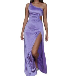 Runaway Satin One Shoulder Cutout Lakota Maxi Gown Iris Purple Size XS NWT